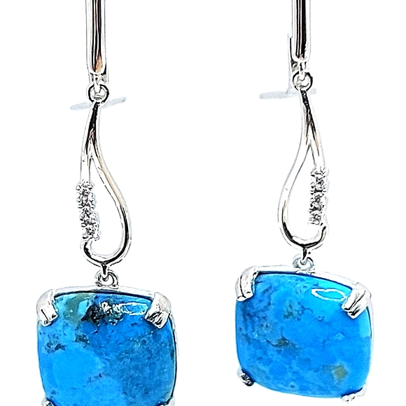 Natural Arizona Turquoise 16mm & Cz 925 Sterling Silver Earrings - Picture 4 of 9